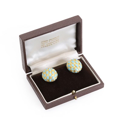 Lot 99 - A boxed pair of 18ct gold and enamel clip earrings, by John Donald