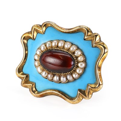Lot 10 - A turquoise enamel, seed pearl and cabochon garnet memorial brooch