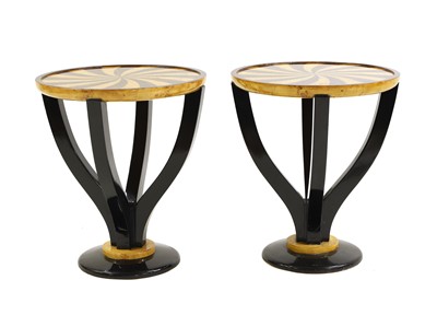 Lot 553 - Two Art Deco style burrwood and ebonised inlaid side tables