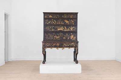 Lot 13 - A black lacquer and gilt-japanned chest on stand