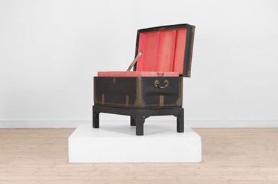 Lot 48 - An export leather and brass chest on stand