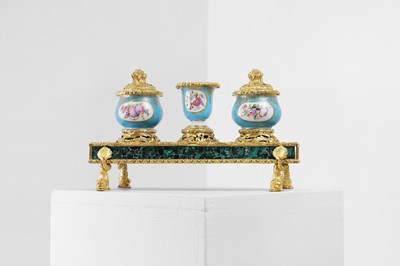 Lot 471 - A malachite, porcelain and ormolu inkstand