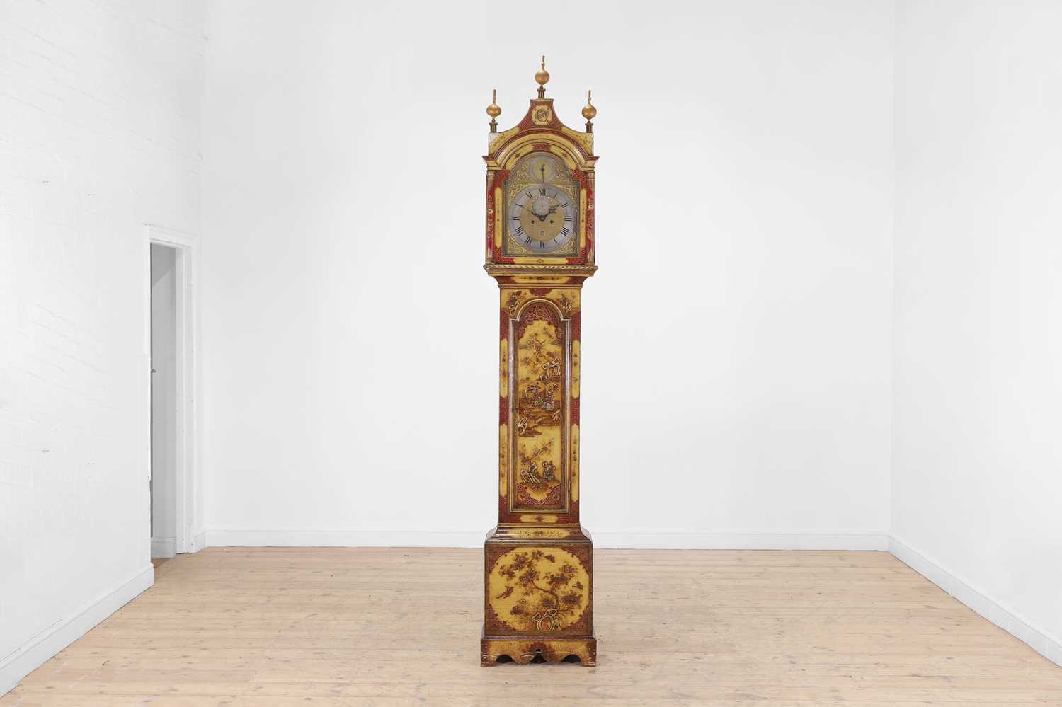 Lot 117 - A George III-style yellow, scarlet an gilt-japanned longcase clock