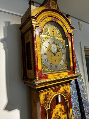 Lot 117 - A George III-style yellow, scarlet an gilt-japanned longcase clock