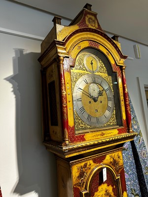 Lot 117 - A George III-style yellow, scarlet an gilt-japanned longcase clock