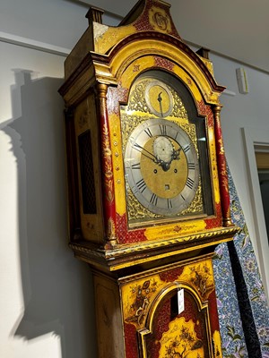 Lot 117 - A George III-style yellow, scarlet an gilt-japanned longcase clock