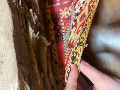 Lot 177 - A silk embroidered Lakai suzani table runner or hanging