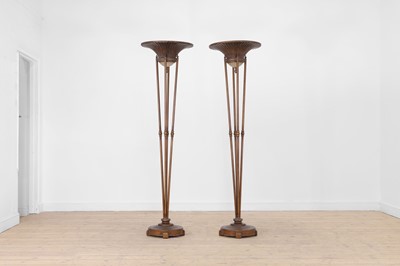 Lot 299 - A pair of Hollywood Regency bronzed, wooden and metal uplighters