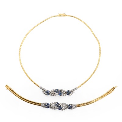 Lot 135 - An 18ct gold sapphire and diamond bracelet and necklace suite