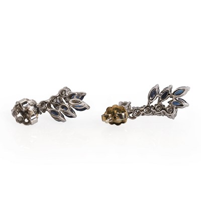 Lot 136 - A pair of 18ct white gold diamond and sapphire drop earrings
