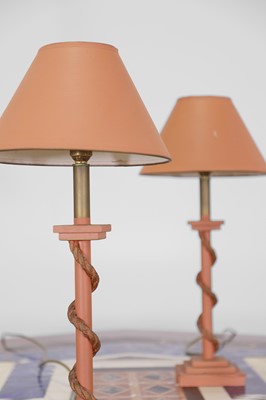 Lot 111 - A pair of painted wooden table lamps