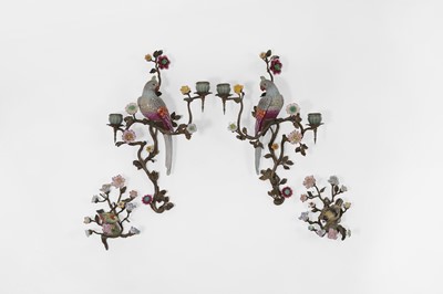 Lot 105 - A pair of porcelain and ormolu wall lights