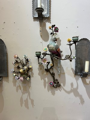 Lot 105 - A pair of porcelain and ormolu wall lights