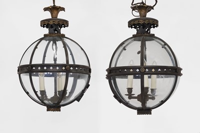 Lot 14 - A pair of bronze, gilt-brass and glass 'Pennington' globe lanterns by Jamb