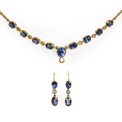 Lot 11 - A late Victorian sapphire necklace and a matched pair of sapphire and diamond drop earrings