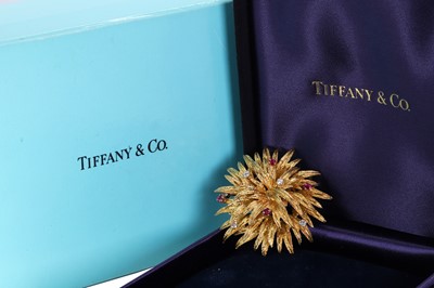 Lot 115 - An 18ct gold ruby and diamond brooch, by Tiffany & Co.