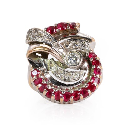 Lot 44 - A diamond and synthetic ruby swirl design ring, c.1940-1950