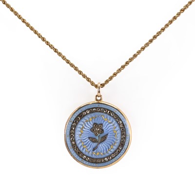 Lot 52 - An Edwardian guilloché enamel and rose cut diamond locket pendant and chain, c.1910