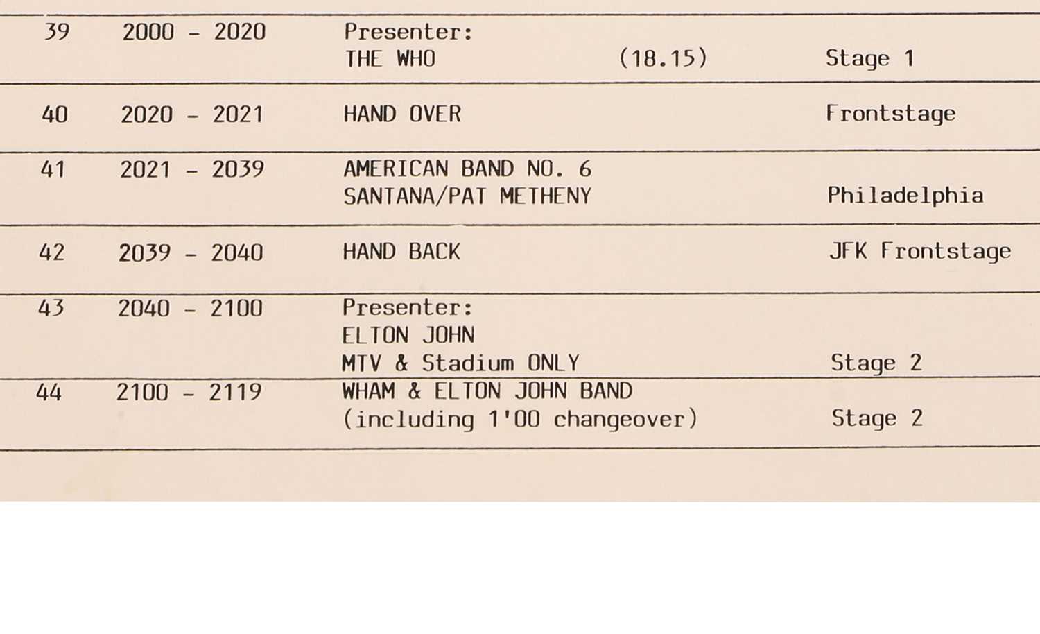 Lot 12 - Live Aid, an artist’s running order
