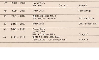 Lot 12 - Live Aid, an artist’s running order