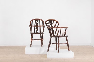 Lot 161 - A matched set of six yew and elm low hoop-back Windsor armchairs