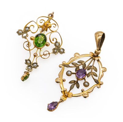 Lot 34 - Two Edwardian gold gem set split pearl pendants