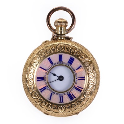 Lot 304 - A ladies' 18ct gold side wind half hunter enamel fob watch