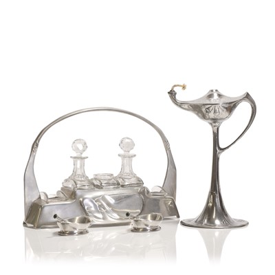 Lot 29 - A German Kayserzinn 'Model No. 4538' cut-glass and pewter cruet set