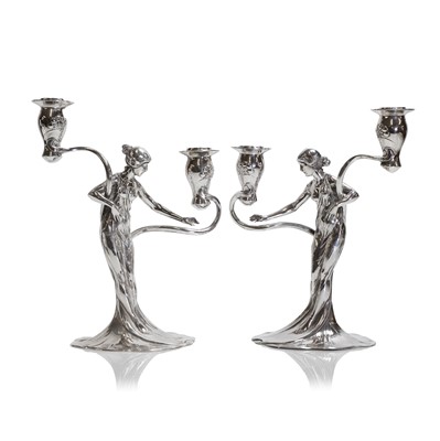Lot 32 - A pair of German Art Nouveau silvered-pewter candelabra