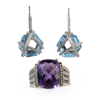 Lot 257 - An amethyst ring and a pair of blue topaz earrings, by David Yurman