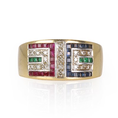 Lot 90 - A 9ct gold emerald, ruby, sapphire and diamond ring