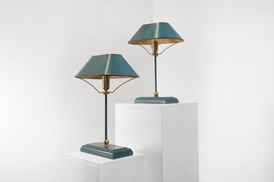 Lot 10 - A pair of Art Deco style toleware table lamps by OKA
