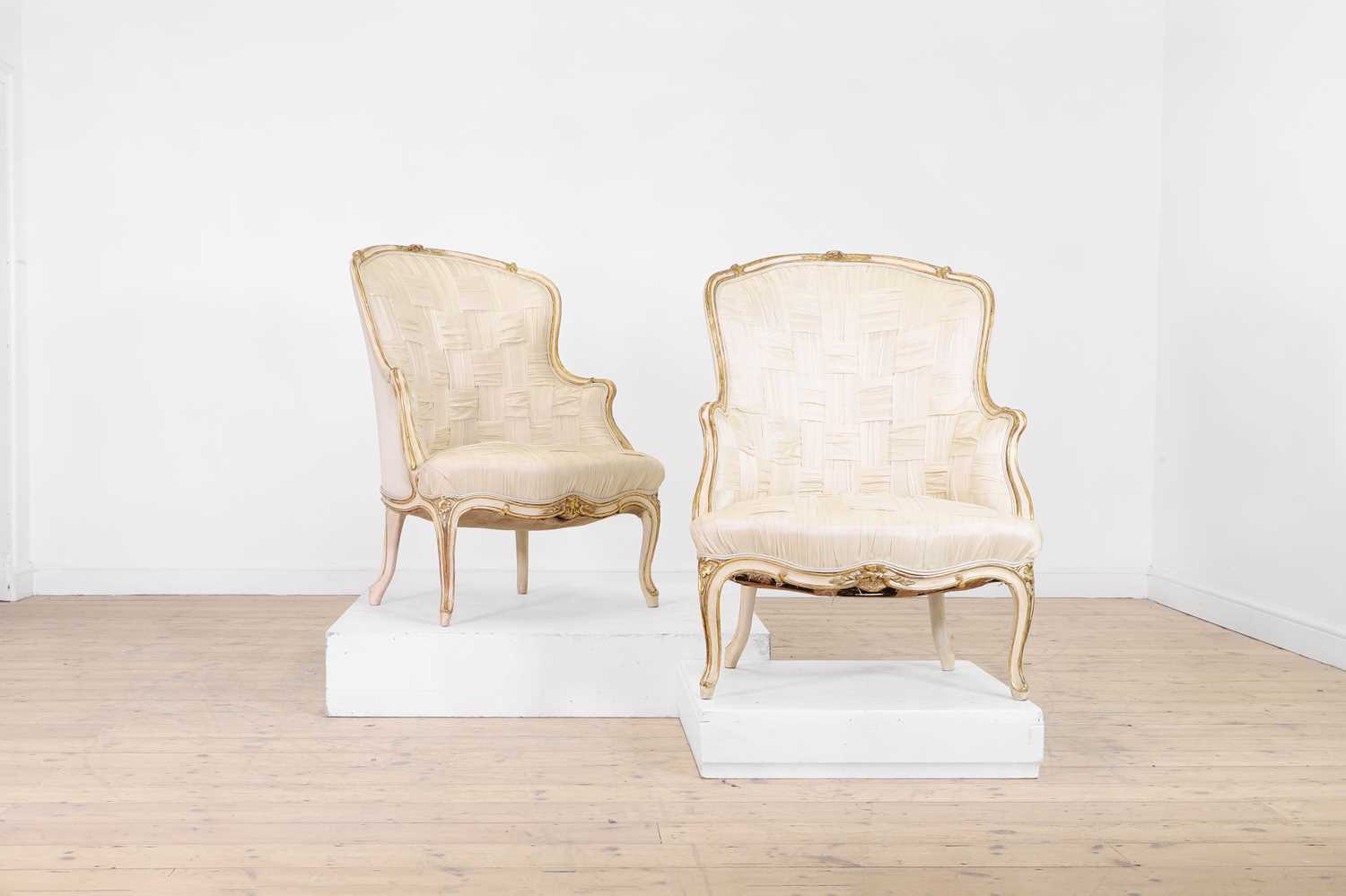 Lot 156 - A pair of Louis XV-style silk upholstered armchairs