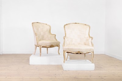 Lot 156 - A pair of Louis XV-style silk upholstered armchairs