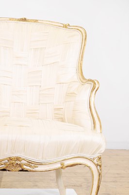 Lot 156 - A pair of Louis XV-style silk upholstered armchairs