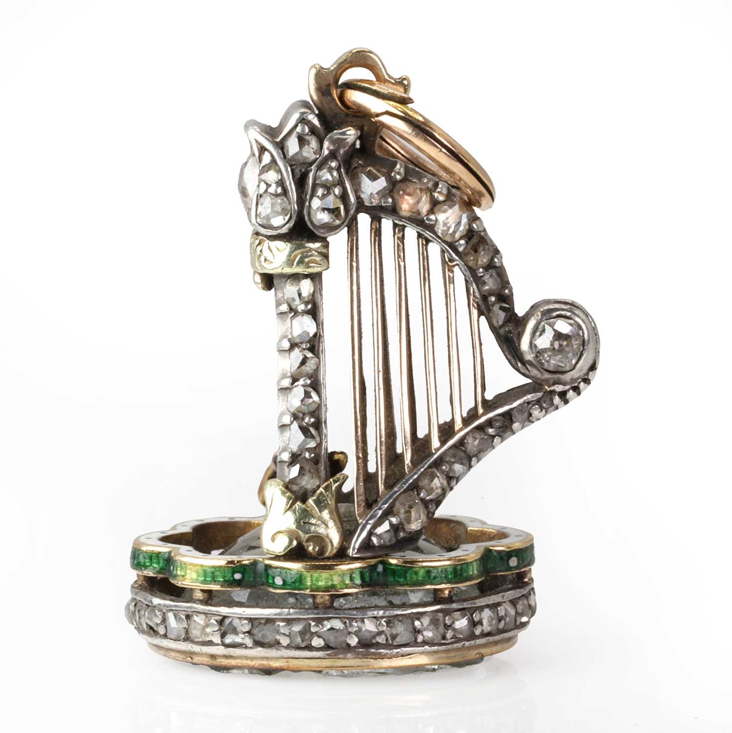 Lot 50 - A diamond and enamel harp fob seal
