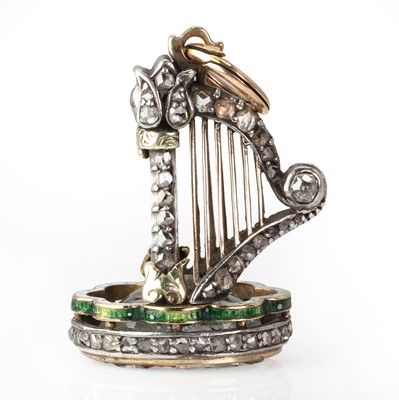 Lot 50 - A diamond and enamel harp fob seal