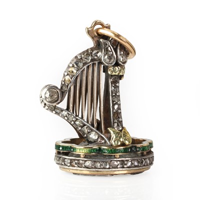 Lot 50 - A diamond and enamel harp fob seal