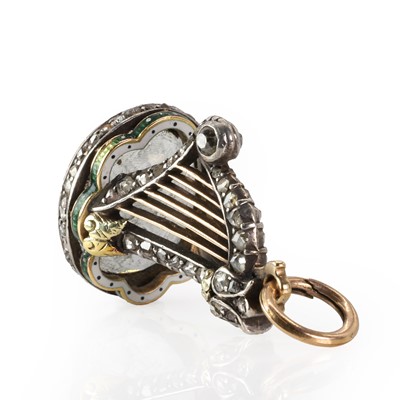 Lot 50 - A diamond and enamel harp fob seal