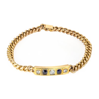 Lot 13 - A curb link bracelet with a diamond and sapphire panel, c.1880