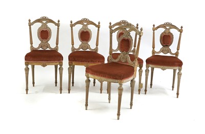 Lot 584 - A set of six French limed beechwood salon chairs