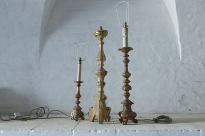 Lot 185 - Three carved giltwood torchère table lamps