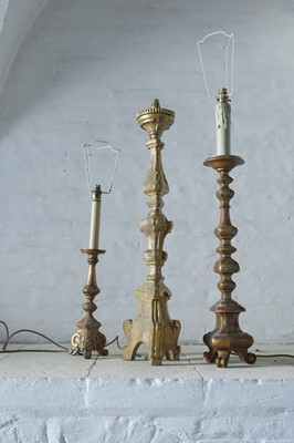 Lot 185 - Three carved giltwood torchère table lamps