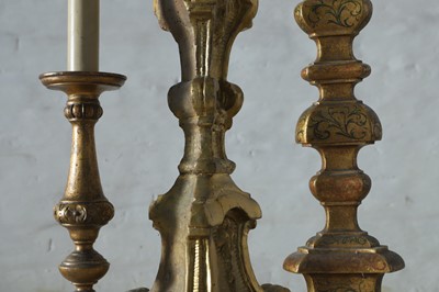 Lot 185 - Three carved giltwood torchère table lamps