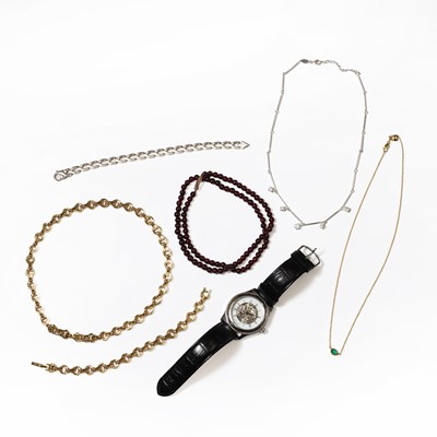 Lot 373 - A small collection of silver and costume jewellery and a Mount Royal automatic watch