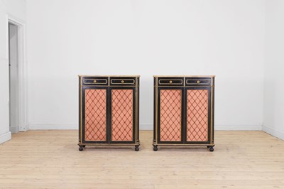 Lot 164 - A pair of Regency-style ebonised and parcel-gilt side cabinets