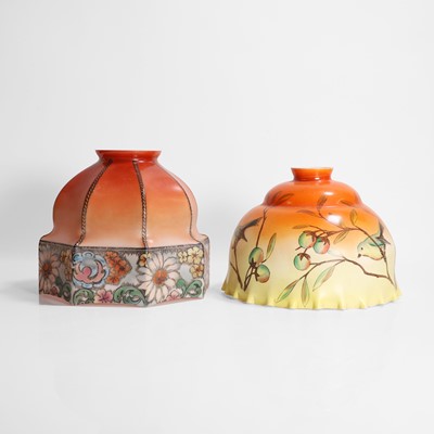 Lot 570 - A white and painted-glass oil lamp shade