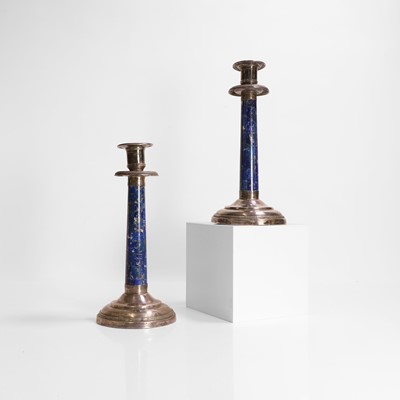 Lot 374 - A pair of silver and lapis lazuli-mounted candlesticks