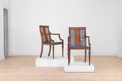Lot 52 - A set of six oak and cane elbow chairs