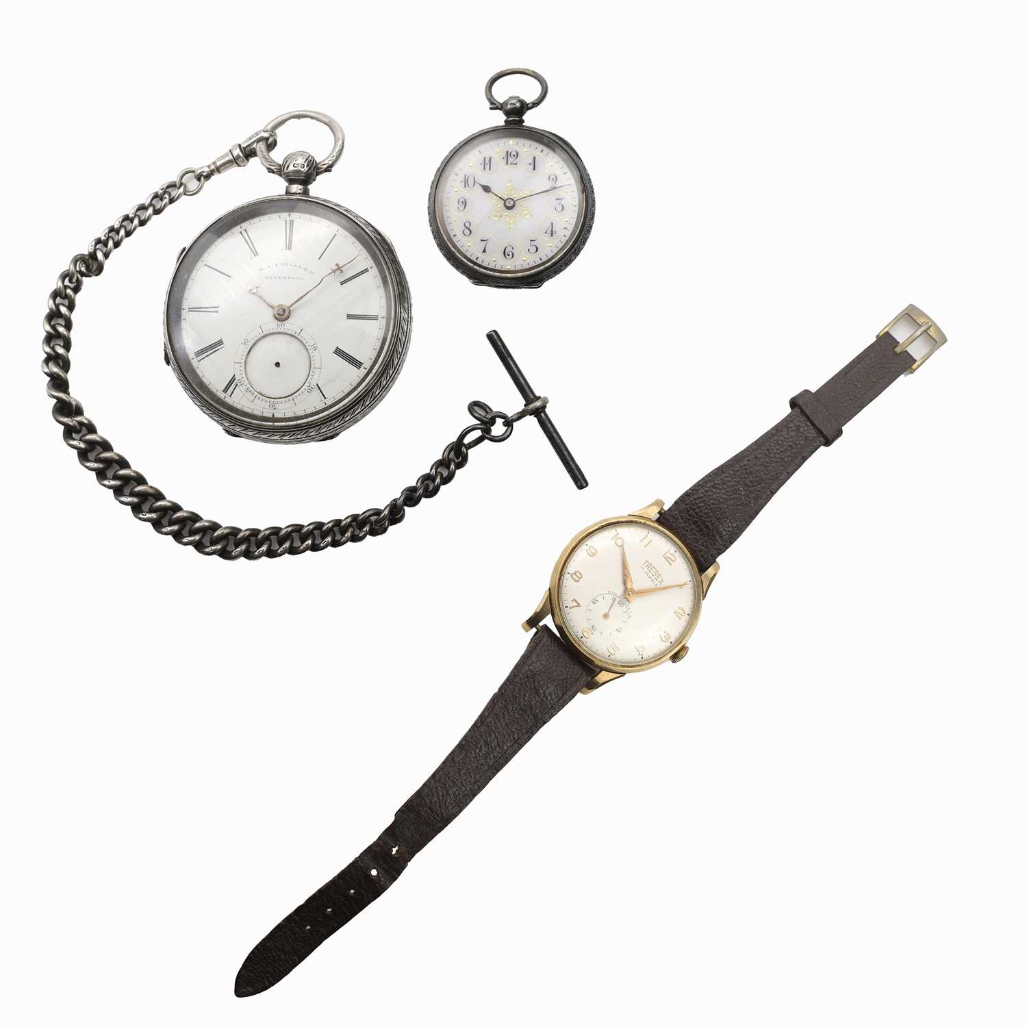 Lot 36 - A gold Trebex mechanical strap watch, a silver pocket watch and a silver fob watch
